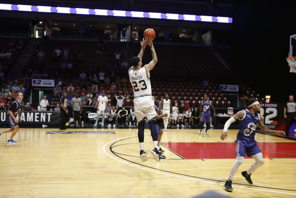 Sean Marshall takes a jump shot in his Pete Frates jersey for Team Challenge ALS. (Tim Broussard/Courtesy The Basketball Tournament)