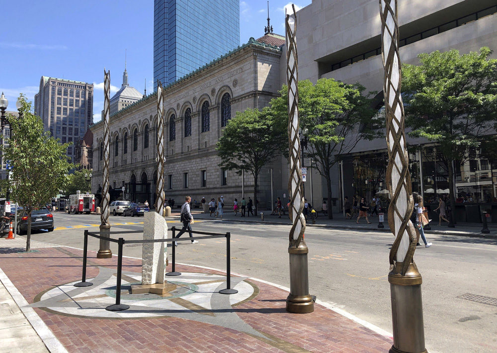 Installation of the memorial honoring the Boston Marathon bombing victims was completed Aug. 19. (Philip Marcelo, AP)