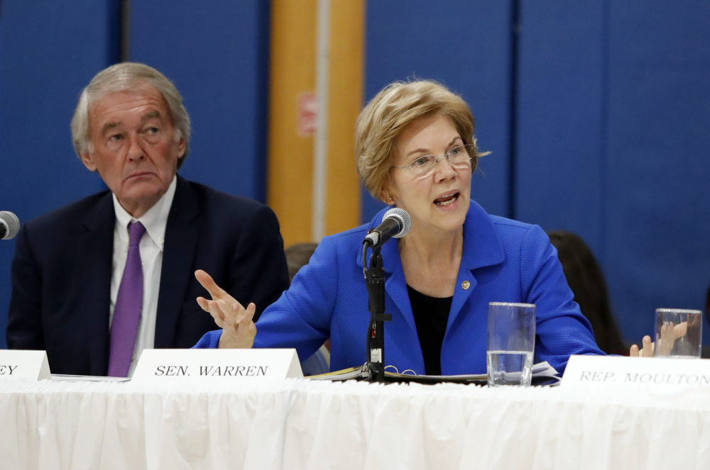 Sen. Elizabeth Warrena and Sen. Ed Markey during a Nov. 26, 2018 hearing in Lawrence, Mass. (Winslow Townson/AP)