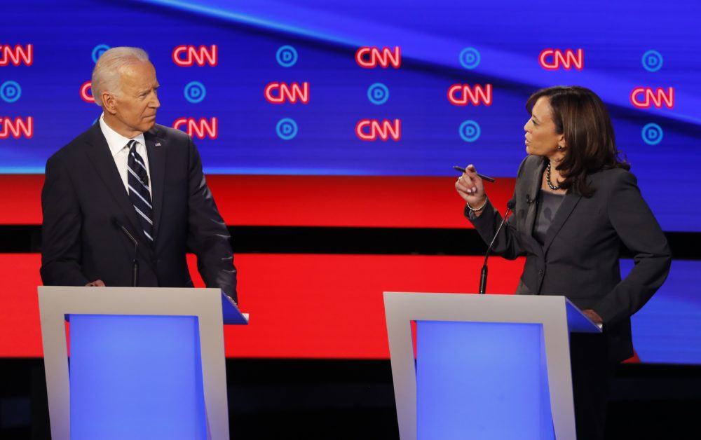 Former Vice President Joe Biden listens as Sen. Kamala Harris, D-Calif., speaks during the second of two Democratic presidential primary debates hosted by CNN Wednesday, July 31, 2019, in the Fox Theatre in Detroit. (Paul Sancya/AP)