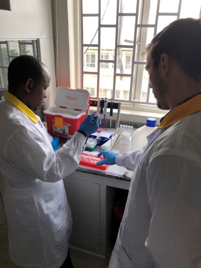 Fred Katabazi prepares saliva for DNA extraction in Uganda. (Courtesy Rocky Stroud)