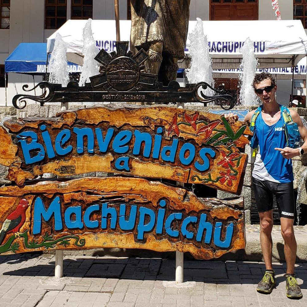 American runner Tyler Andrews at the finish. He clocked the fastest known time on Peru's Salkantay Trail earlier this month. (Photo by Melanie Ng)