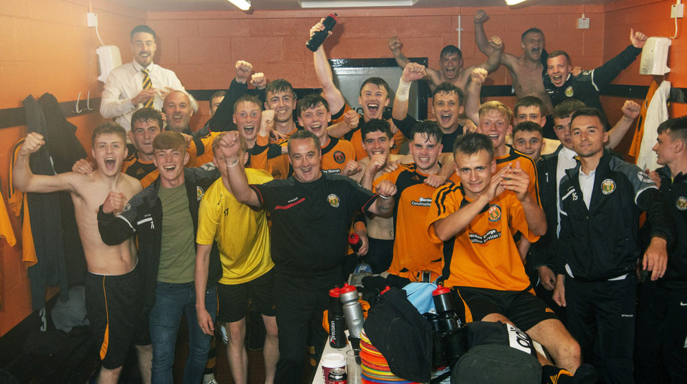 Fort William FC, with Russell MacMorran (in black jersey) celebrate after their first win in over two years. ( Iain Ferguson, The Write Image)