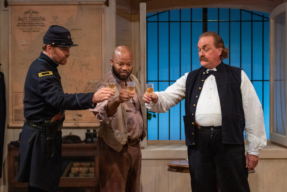 Lt. Kelly (as played by Doug Bowen-Flynn), Shepard Mallory (played by Shane Taylor) and Major General Benjamin Butler (played by Ames Adamson) in Gloucester Stage's "Ben Butler." (Courtesy Jason Grow)