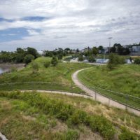 View of American Legion Playground from the Condor Street Urban Wild Park along the Chelsea Creek. (Jesse Costa/WBUR)
