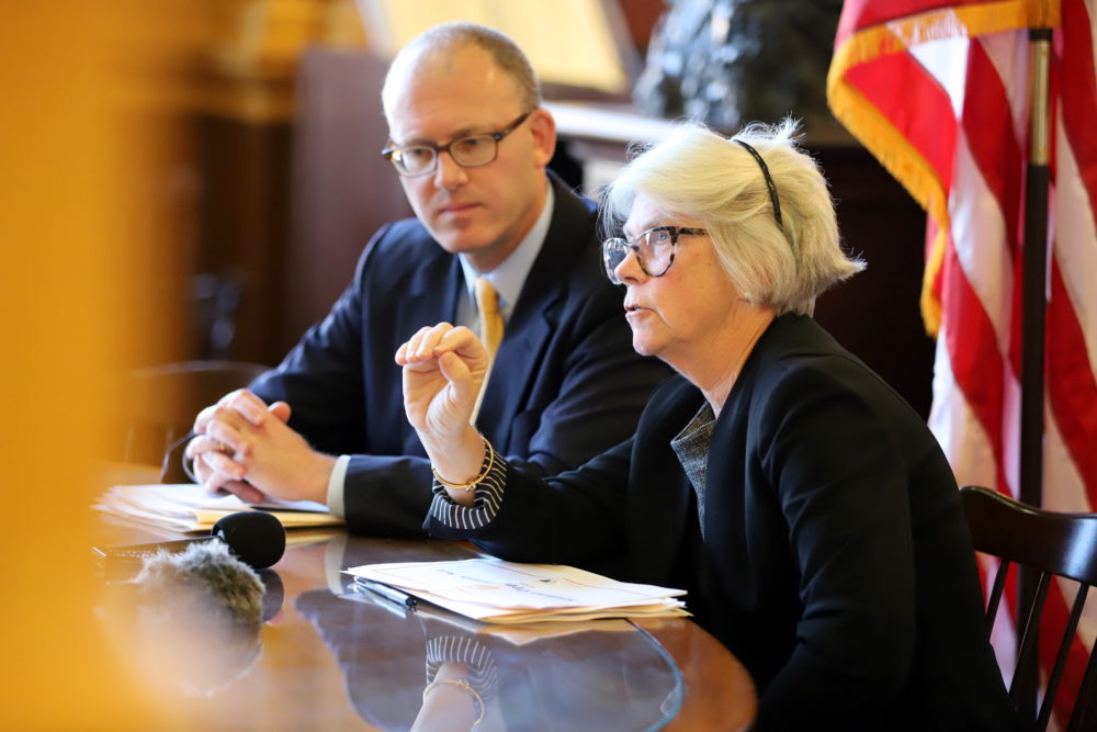 Sen. Jason Lewis, the Senate chair of the Education Committee, and Rep. Alice Peisch, the House chair, speak to reporters Thursday. (Sam Doran/SHNS)