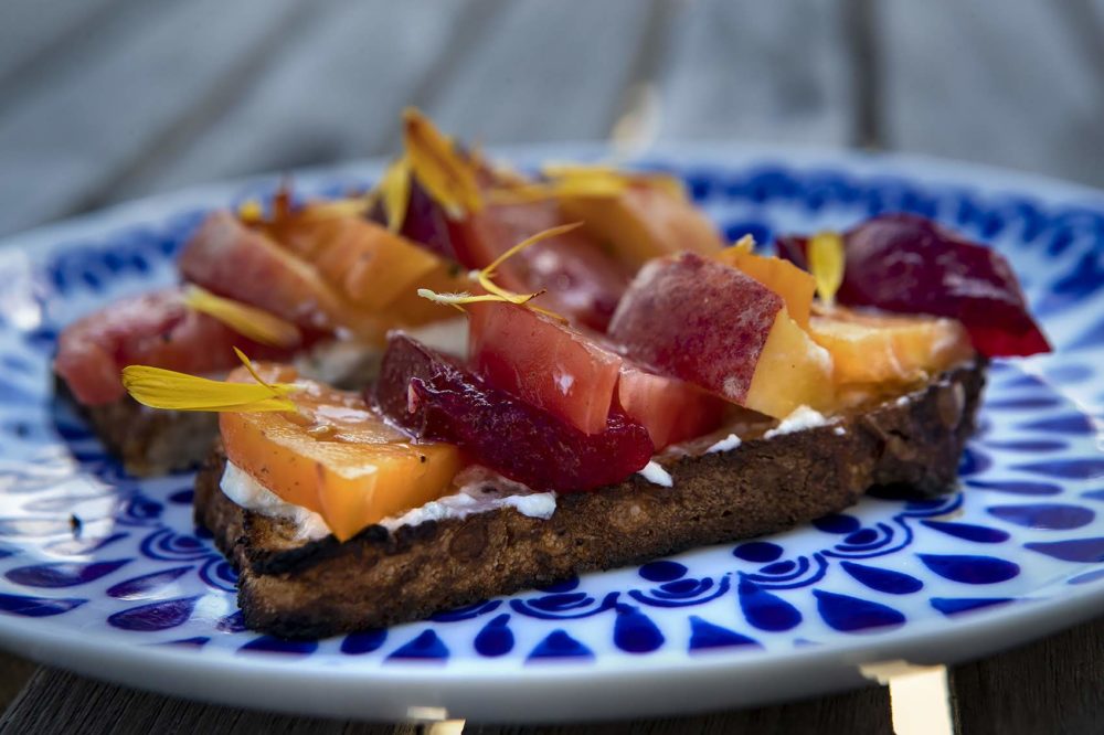 Tomato and peach tartine. (Jesse Costa/WBUR)
