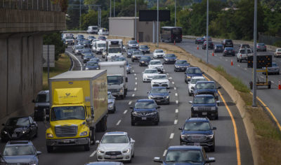 Morning traffic heading north on I-93 in Dorchester. (Jesse Costa/WBUR)
