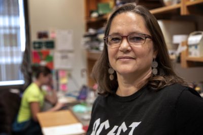 Professor of Biology and Chemistry Catherine Drennan, at her lab at MIT. (Robin Lubbock/WBUR)