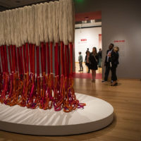 Sheila Hicks’ fiber art piece “Bamian” is on display as part of the “Women Take the Floor” exhibit at the Museum of Fine Arts. (Jesse Costa/WBUR)