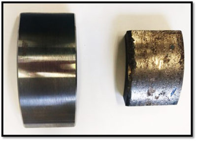 A functioning ground ring (left) transfers electricity through a train's axle into the wheels and rails, but the ring on a Red Line train (right) was corroded over time and sent electricity arcing through the axle, making it brittle. (Courtesy MBTA via State House News Service)