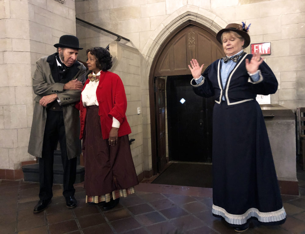 Jacob Bigelow (played by Ken Baltin), Edmonia Lewis (played by Cheryl D. Singleton) and Harriot Kezia Hunt (played by Karen MacDonald) in "Variations on an Unissued Apology." (Andrea Shea/WBUR)