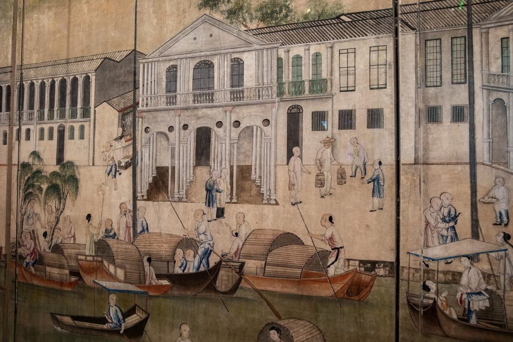Detail from a complete set of intricately hand painted Chinese wallpaper from around 1800. (Robin Lubbock/WBUR)