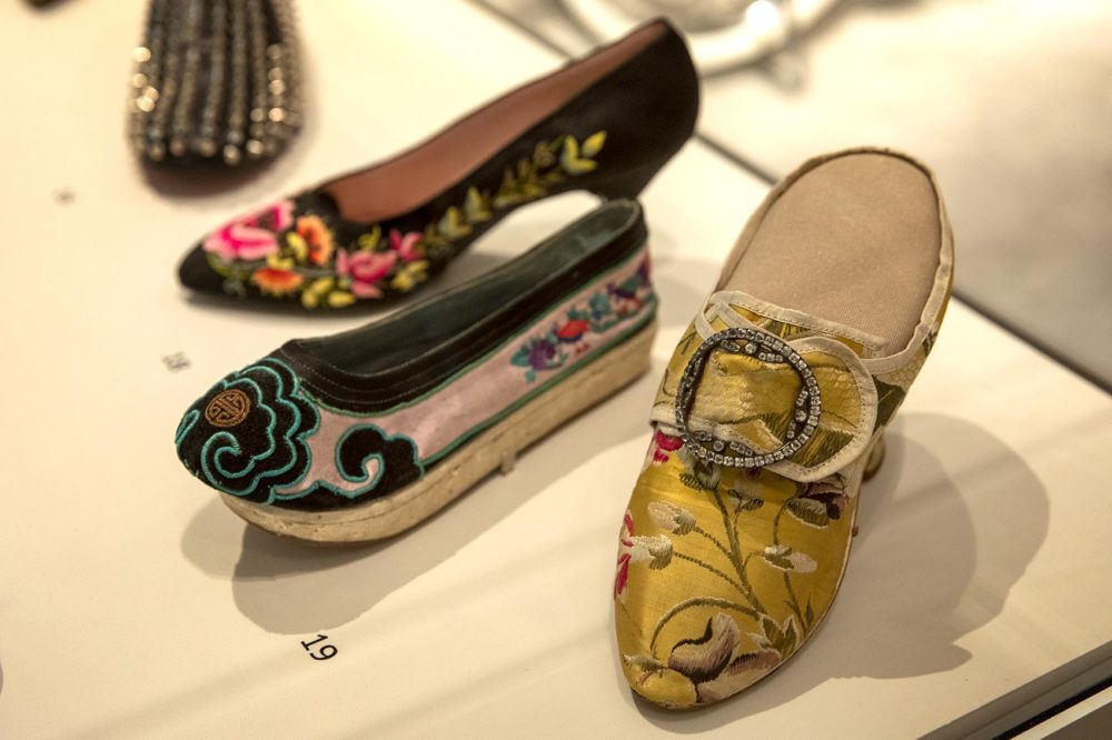 An embroidered slipper from around 1745. (Robin Lubbock/WBUR)