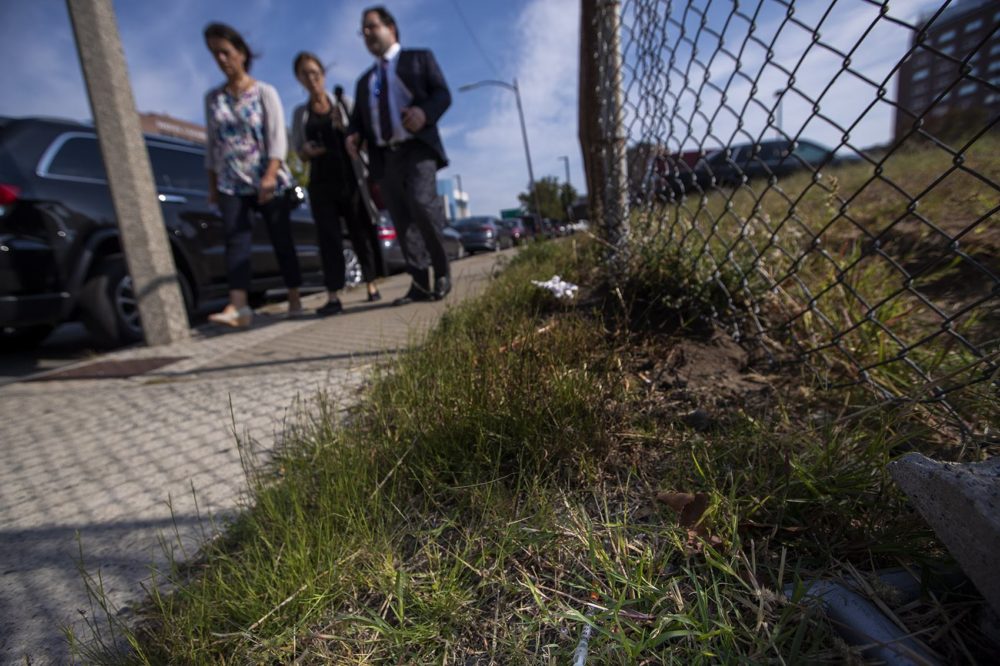 Boston City Councilor Annissa Essaibi George, WBUR reporter Deborah Becker and state Sen. Nick Collins walk past a used syringe and needle left in the grass on Bradston Street. (Jesse Costa/WBUR)