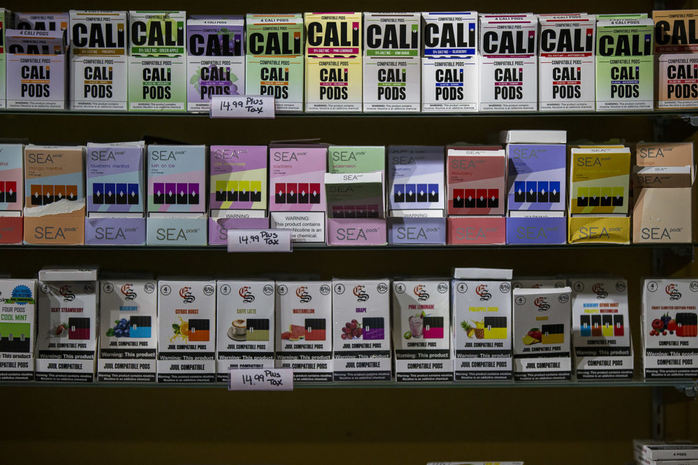 Compatible pods for the Juul on display at Liquid Smoke Shop in Allston (Jesse Costa/WBUR)