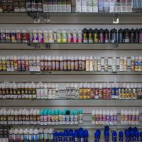 A huge selection of vaping juices at Liquid Smoke and Vape Shop in Allston that can no longer be legally sold. (Jesse Costa/WBUR)