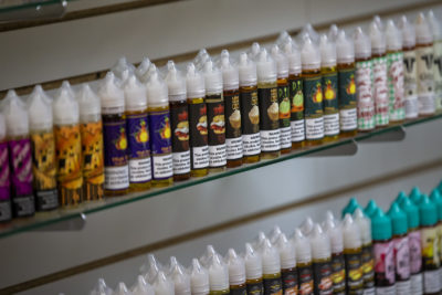 Various vaping juices inside a Massachusetts vape shop (Jesse Costa/WBUR)