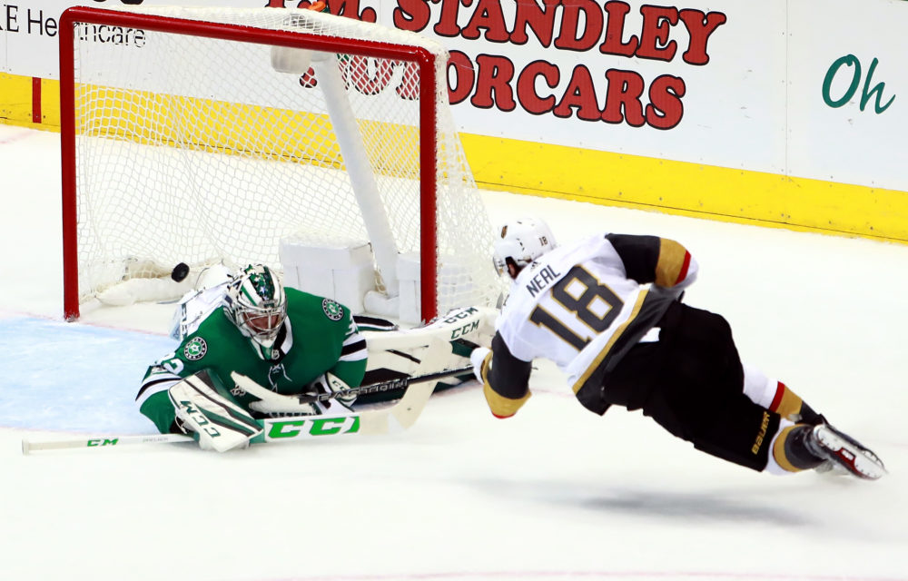 James Neal scores the Knights' first-ever goal on Oct. 6, 2017. (Tom Pennington/Getty Images)