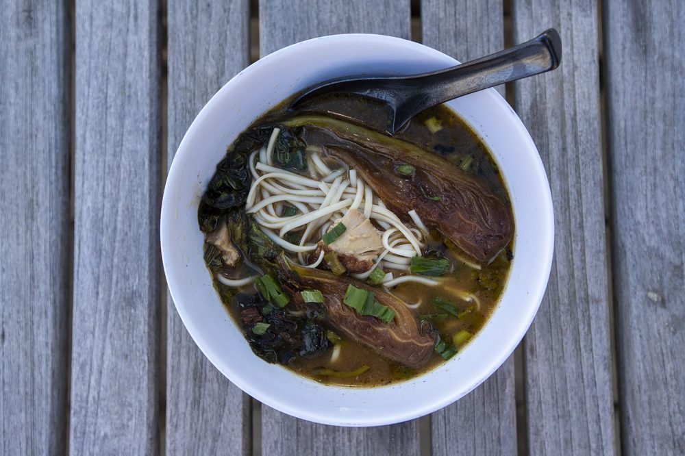 Quick miso ramen with chicken and bok choy. (Jesse Costa/WBUR)