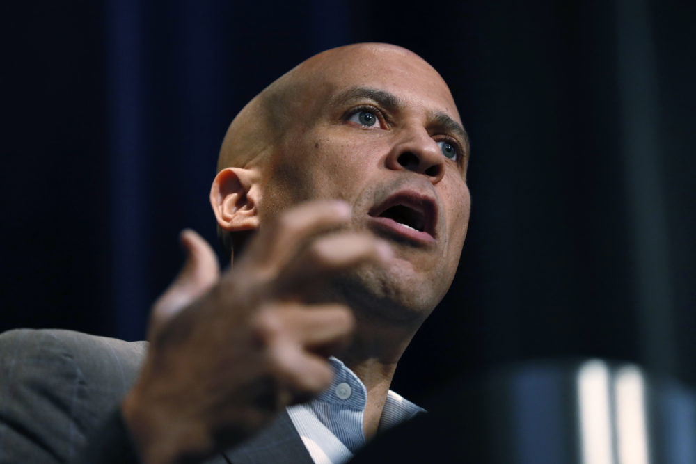 Democratic presidential candidate Sen. Cory Booker speaks at the Iowa Federation of Labor convention, Wednesday, Aug. 21, 2019, in Altoona, Iowa. (Charlie Neibergall/AP)