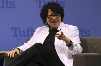 U.S. Supreme Court Justice Sonia Sotomayor gestures during a visit to Tufts University in Medford, Mass., Thursday, Sept. 12, 2019. (Charles Krupa/AP)