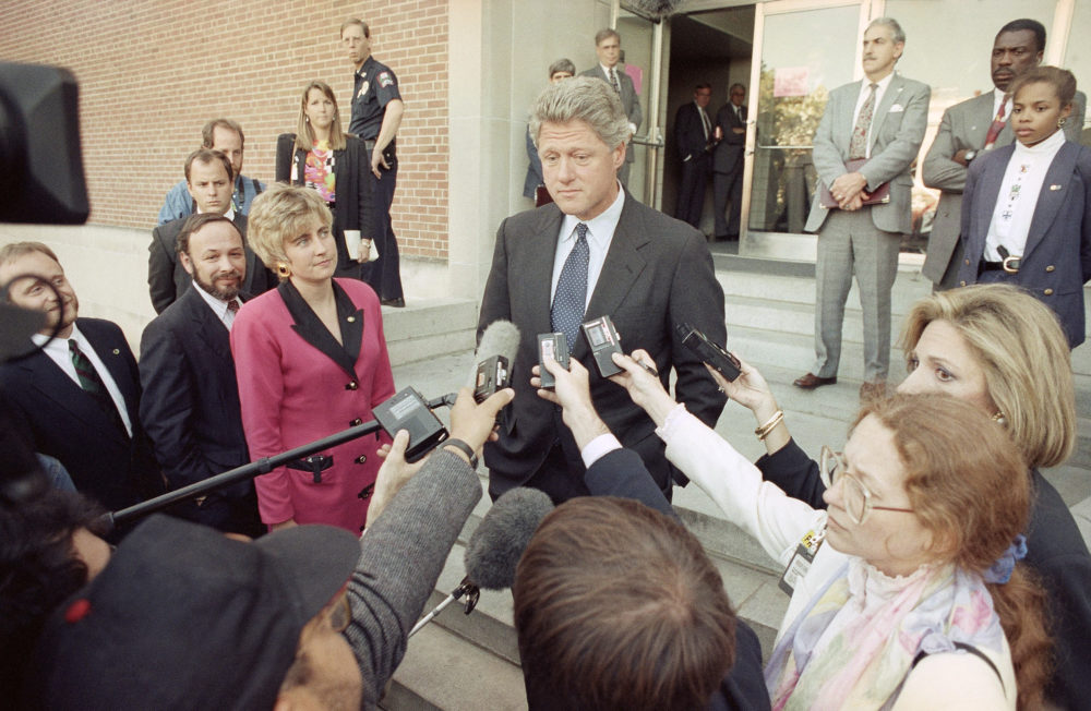 Democratic presidential candidate Bill Clinton listens to reporters questions after a rally at Ohio State University in 1992. (Stephan Savoia/AP)
