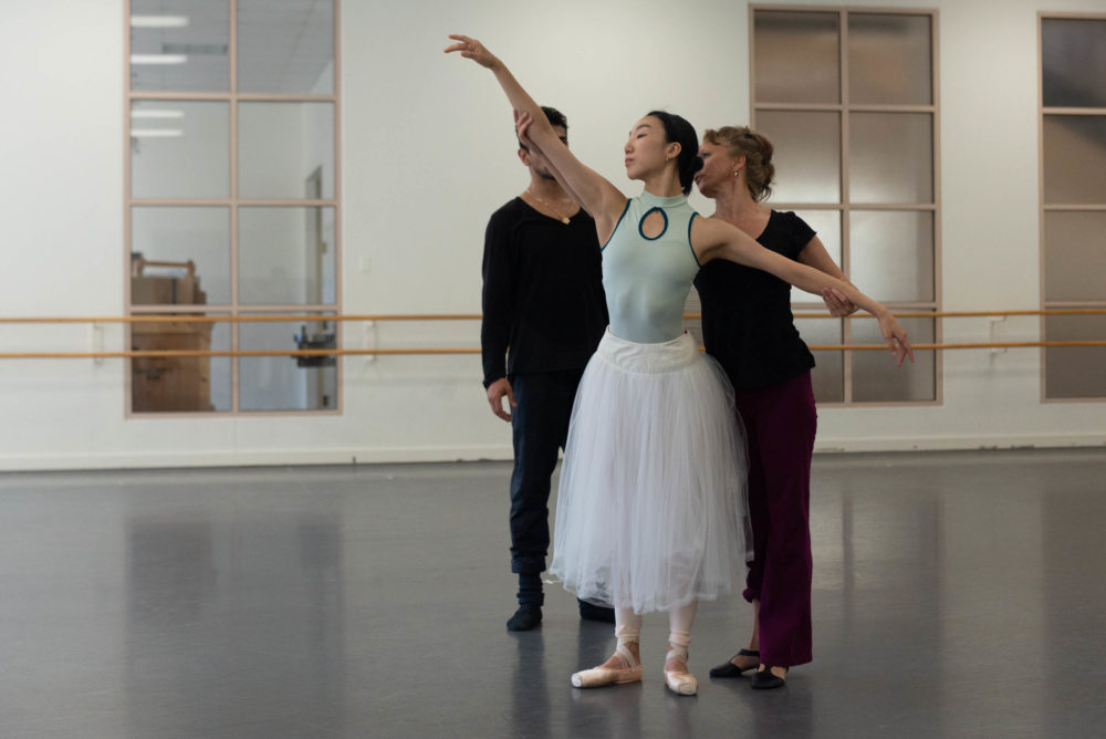 Larissa Ponomarenko works with Ji Young Chae and Tigran Mkrtchyan on staging for "Giselle." (Courtesy Brooke Trisolini/Boston Ballet)
