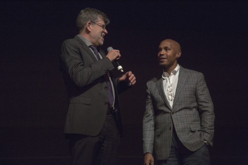 ArtsEmerson Artistic Director David Dower introduces ArtsEmerson's production of "Passengers" with Executive Director David Howse. (Alberto Montalvo for WBUR)