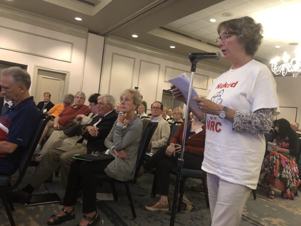 Diane Turco, of the Cape Downsiders, speaks at a Nuclear Regulatory Commission public meeting. (Bruce Gellerman/WBUR)