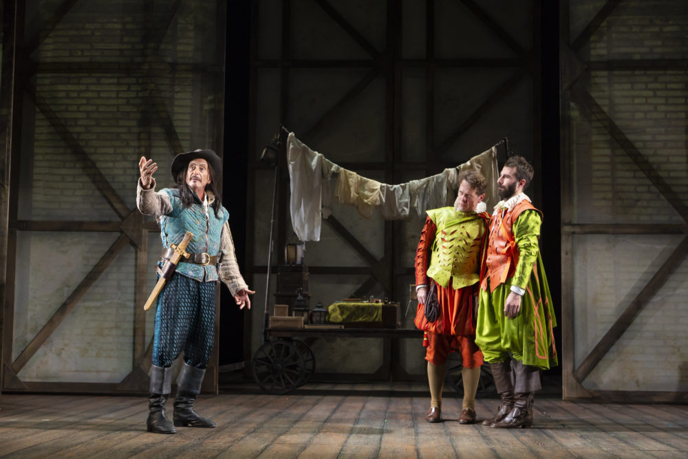 Will LeBow's Player meets up with Alex Hurt as Rosencrantz and Jeremy Webb as Guildenstern in "Rosencrantz and Guildenstern are Dead" at the Huntington Theatre Company. (Courtesy T Charles Erickson)