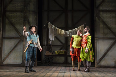 Will LeBow's Player meets up with Alex Hurt as Rosencrantz and Jeremy Webb as Guildenstern in "Rosencrantz and Guildenstern are Dead" at the Huntington Theatre Company. (Courtesy T Charles Erickson)