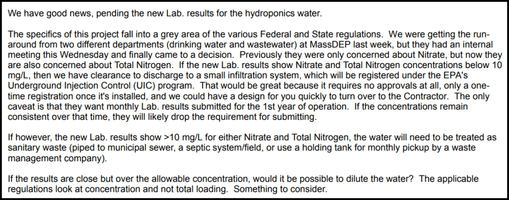 An excerpt from a consultant's Aug. 19, 2016 email to an MIT official, regarding wastewater disposal.