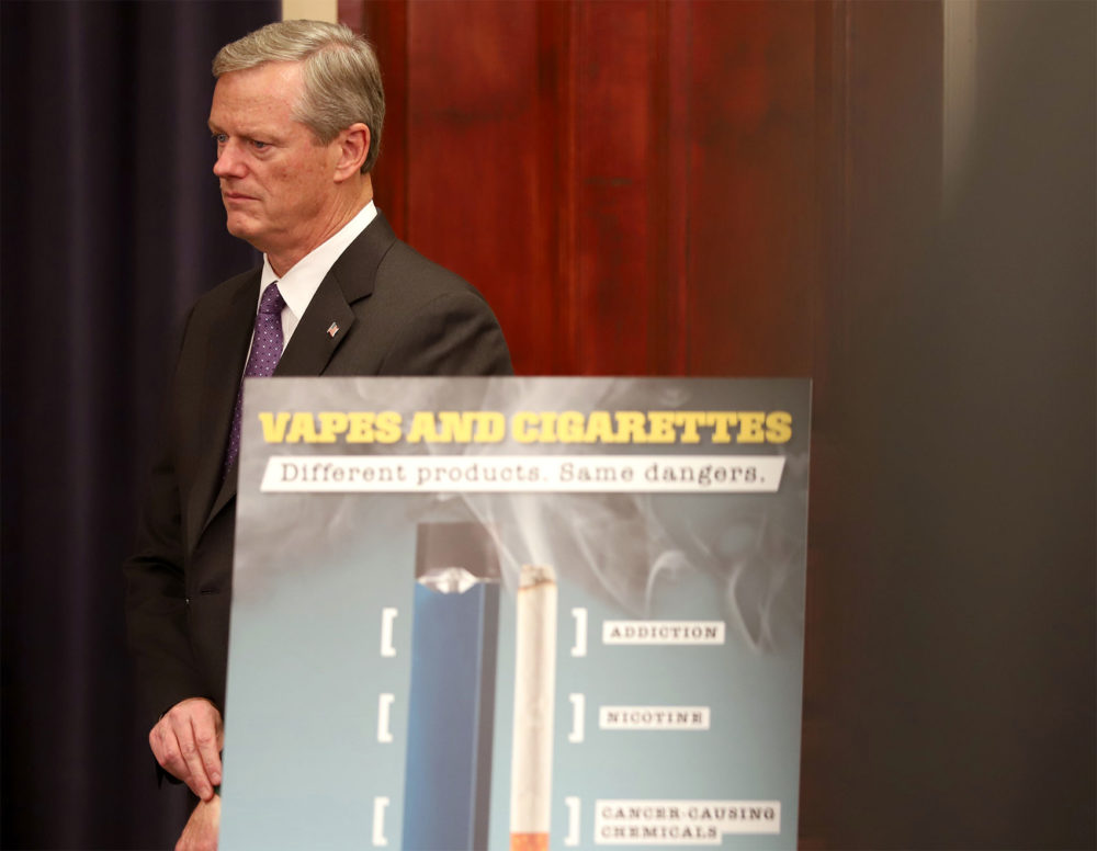 "E-cigarette usage is exploding and it's clear there's a very real danger to the population," Gov. Charlie Baker said at a Tuesday news conference where he declared vaping-related lung illnesses a public health emergency in the state. (Sam Doran/SHNS)