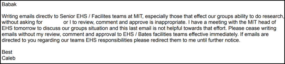 An excerpt from Harper's email to Babakinejad on April 16, 2018, with a name removed.