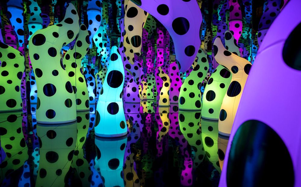 Inside "LOVE IS CALLING," an infinity mirror room by artist Yayoi Kusama at the ICA, Boston. (Robin Lubbock/WBUR)