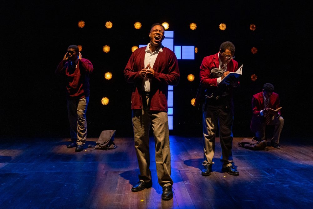 Jaimar Brown, Antione Gray, Thomas Purvis and Dwayne P. Mitchell in Nigel Richards, Thomas Purvis, Malik Mitchell, Dwayne P. Mitchell, Jaimar Brown and Aaron Pattersonin in SpeakEasy Stage's Production of "Choir Boy." (Courtesy Nile Scott Studios)