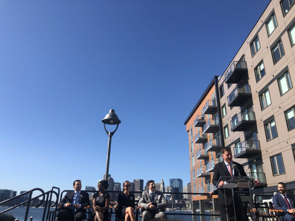 Mayor Marty Walsh speaks at the ribbon cutting ceremony at Clippership Wharf. (Courtesy Inkhouse)