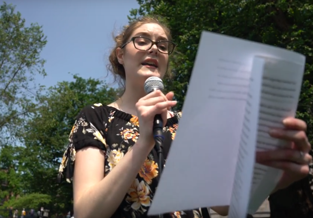 The author speaking at an event near the Massachusetts State House in June 2019. (Courtesy Eben Bein for Our Climate)
