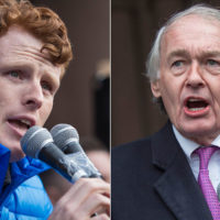 U.S. Rep. Joseph Kennedy III, left, and U.S. Sen. Ed Markey, during a 2017 rally (Jesse Costa/WBUR)