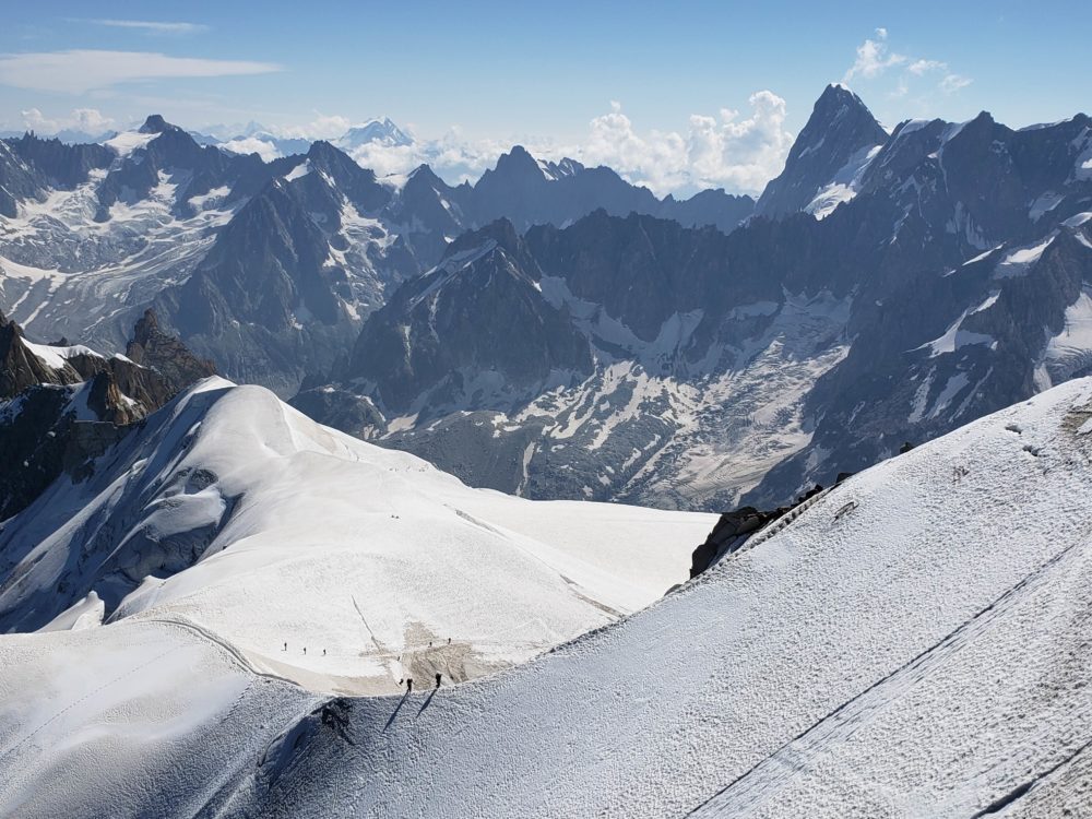 The "exposed and treacherous ridge" climbers need to traverse in order to climb Mont Blanc via the more technical Three Monts approach. Picture taken in 2018. (Photo courtesy of glaciologist Ulyana Horodyskyj)
