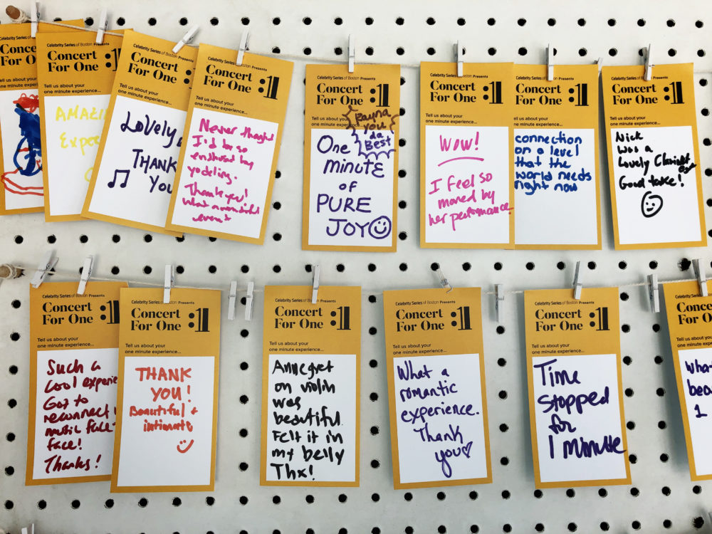Response cards from "Concert For One" listeners. (Andrea Shea/WBUR)