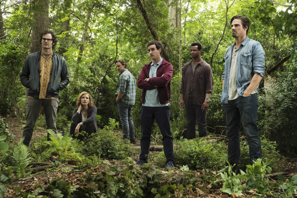 From left to right, Bill Hader as Richie Tozier, Jessica Chastain as Beverly Marsh, James McAvoy as Bill Denbrough, James Ransone as Eddie Kaspbrak, Isaiah Mustafa as Mike Hanlon and Jay Ryan as Ben Hanscom in "It Chapter Two." (Courtesy Warner Bros. Pictures)