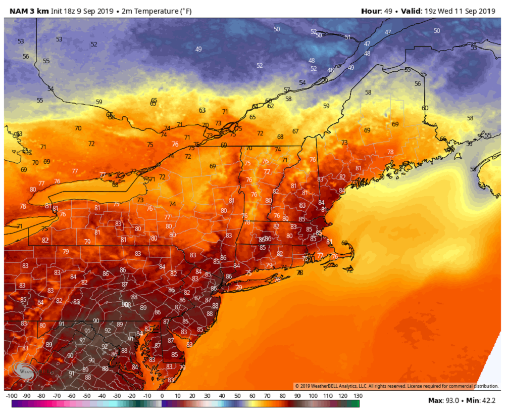 There will be fairly widespread 80-degree weather Wednesday. (Courtesy WeatherBell)