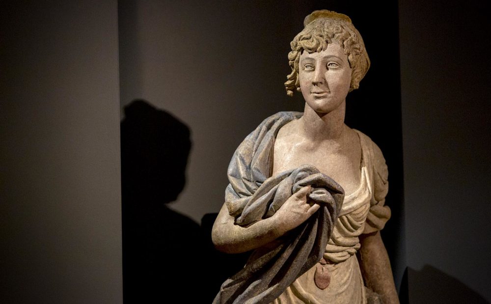 The Rush figurehead in the maritime gallery at PEM. (Robin Lubbock/WBUR)