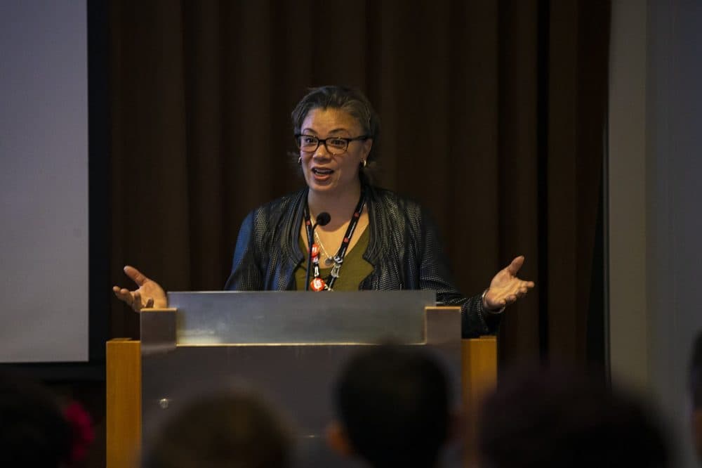 Makeeba McCreary, Chief of Learning and Community Engagement at the MFA, speaks to educators and community roundtable participants about the school group experience preview event. (Jesse Costa/WBUR)