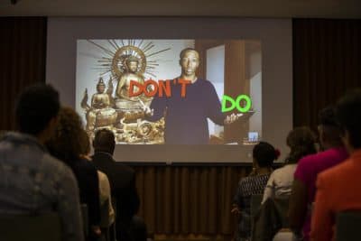 Attendees were shown a new video with insight from MFA teen program participants. The video is designed to address areas of interest and any concerns young people may have visiting the museum. (Jesse Costa/WBUR)