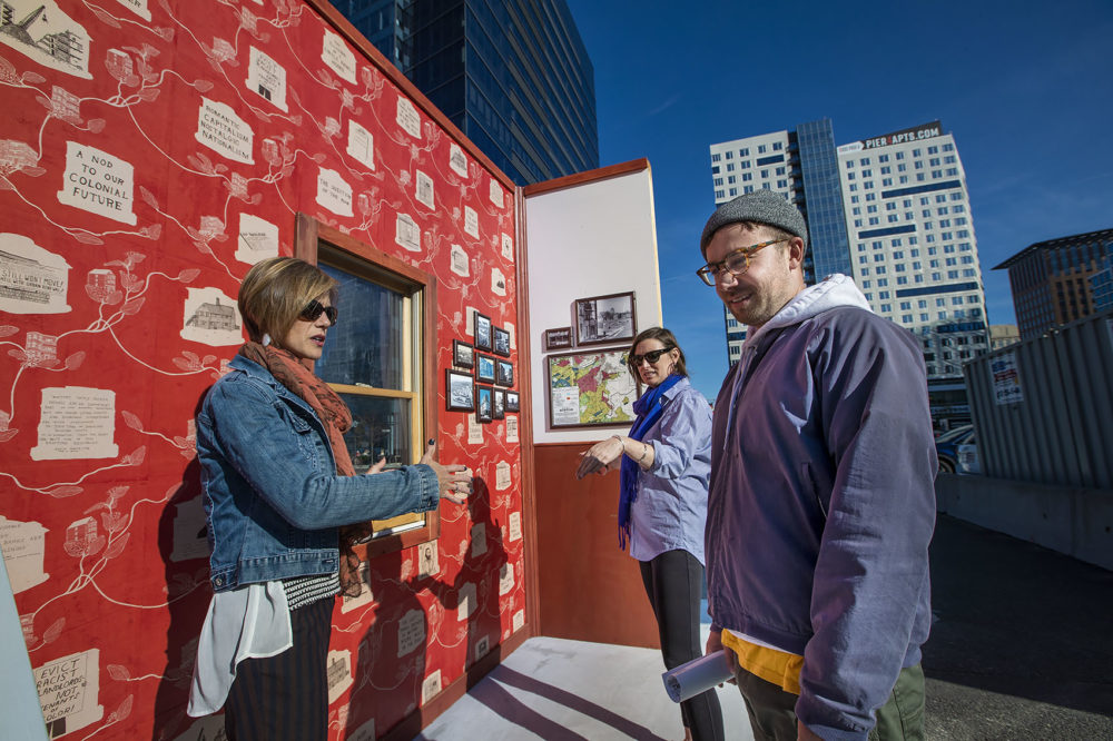 Now + There's Kate Gilbert and Leah Triplett Harrington talk with artist Pat Falco at his public art installation, "MOCK." (Jesse Costa/WBUR)