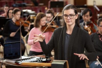 Carolina Eyck plays the theremin. (Robin Lubbock/WBUR)