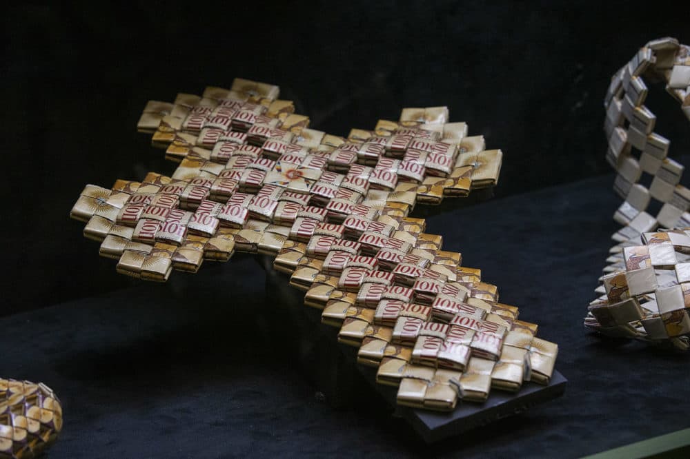 "The Cross" created with woven Winston packaging and made at the Louisiana State Penitentiary, Angola. (Jesse Costa/WBUR)